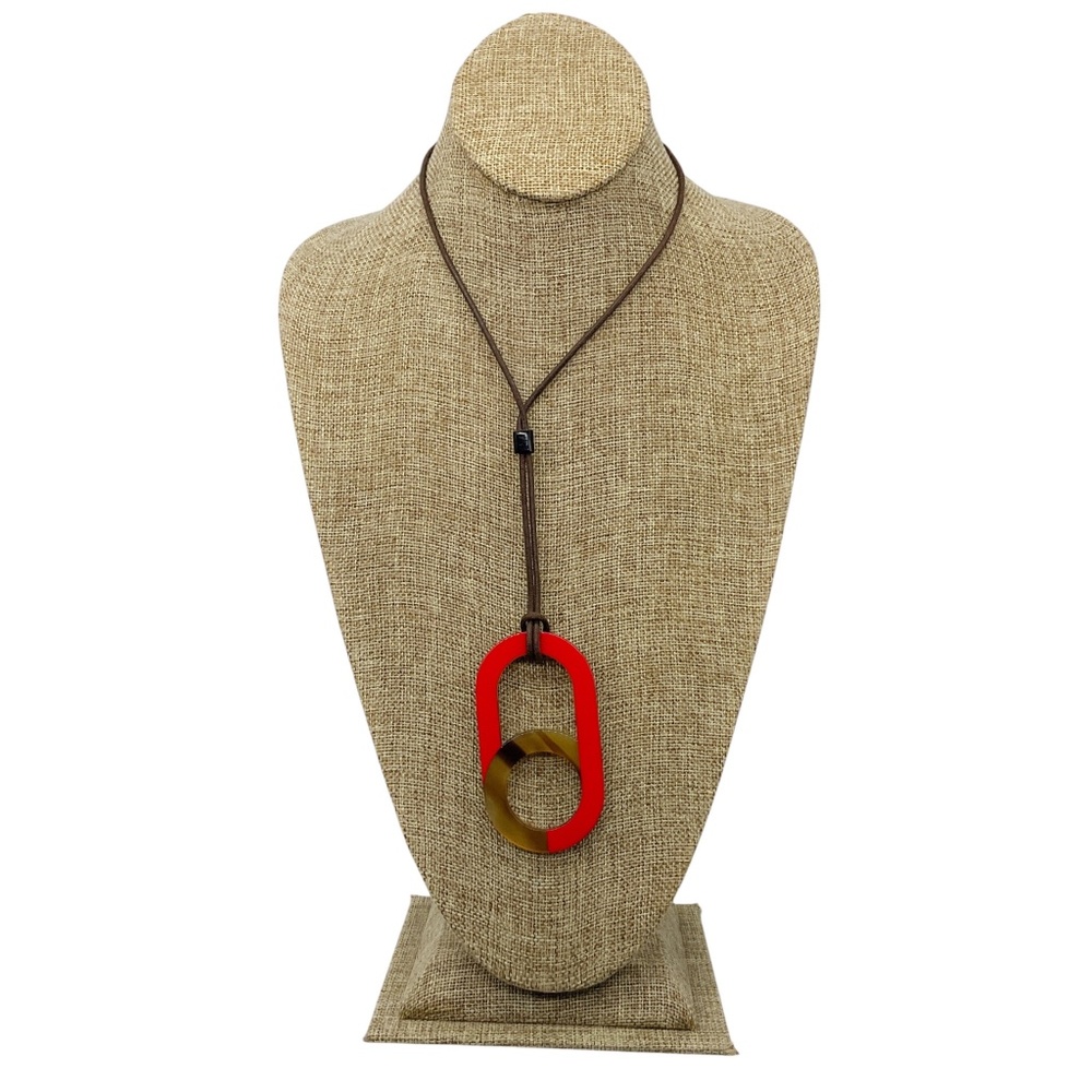 HERMES RED / BUFFALO HORN LARGE MEYANCE PENDANT NECKLACE ON ADJUSTABLE BROWN COR - Picture 2 of 6
